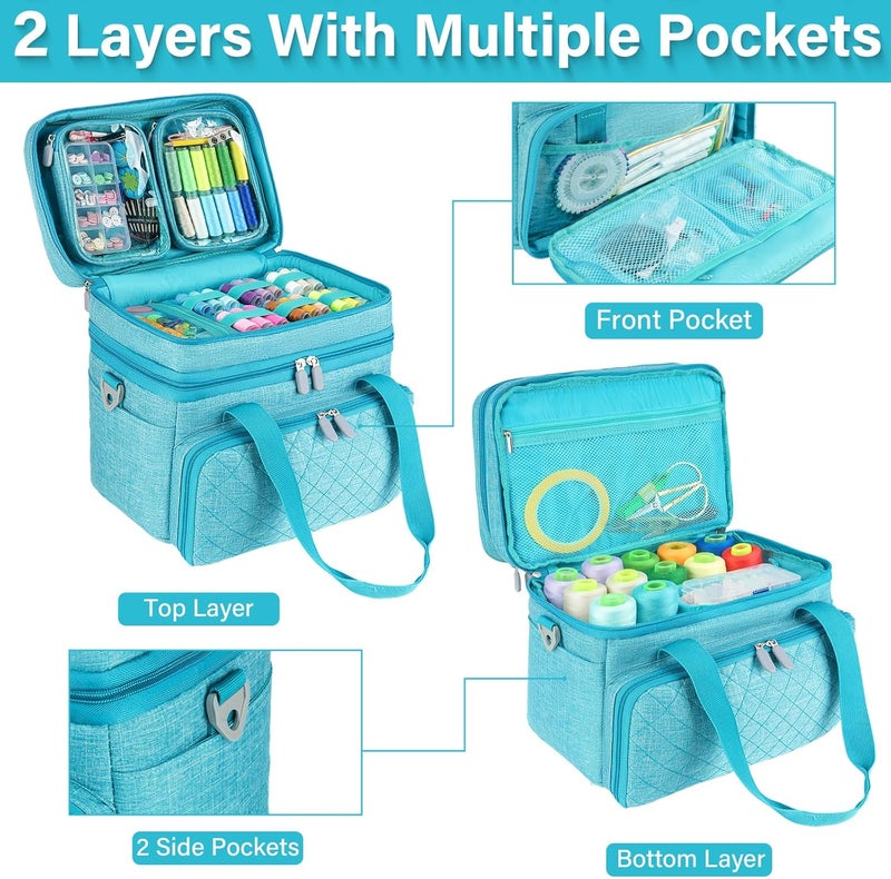 MRINCA Sewing Accessories Organizer Bag, Double Layer Sewing Storage Bag with Shoulder Strap, 2 Detachable Pouches, Large Portable Sewing Travel Case for Supplies, Thread, Scissors, Tools (Blue) - Image 2